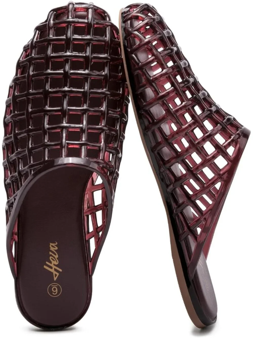 Women's Wine Red Clear Mesh Hollow Slip On Closed Toe Jelly Casual Flat Sandals